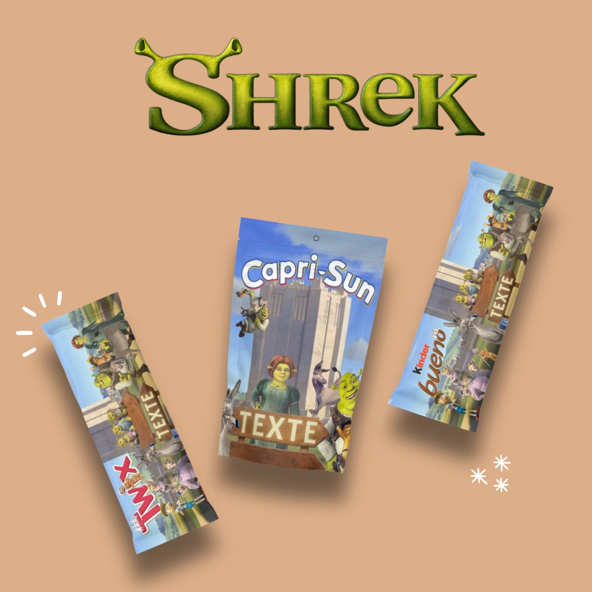  Ajoutez une touche de magie à votre fête avec nos étiquettes personnalisées Shrek, prêtes à imprimer et à décorer vos snacks préférés.